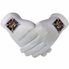 Knights Templar Commandery Gloves - White Cotton Machine Embroidered Emblem - Bricks Masons