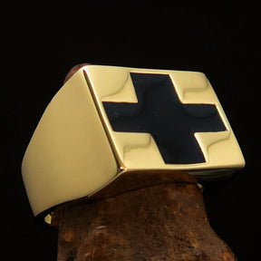 Knights Templar Ring - Black Cross Brass Gold Ring - Bricks Masons