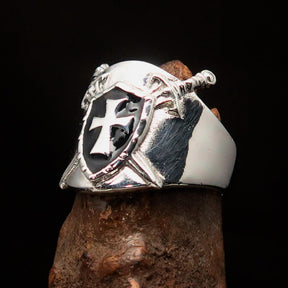 Knights Templar Ring - Black Shield Cross Sterling Silver - Bricks Masons