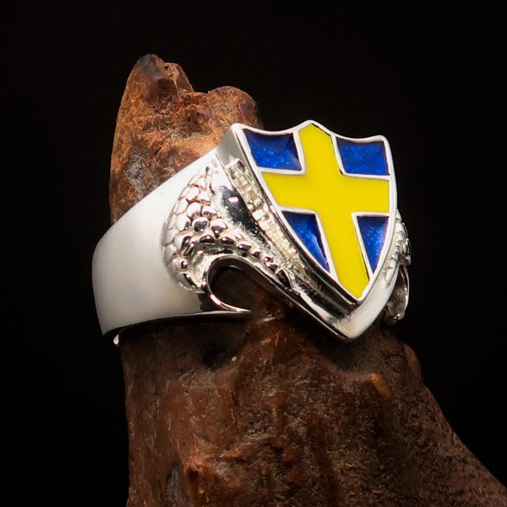 Knights Templar Ring - Flag of Sweden Yellow Cross on Blue Sterling Silver - Bricks Masons