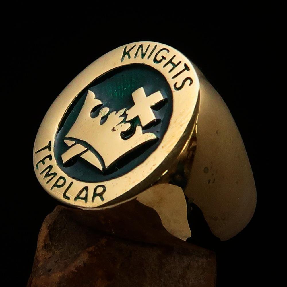 Knights Templar Ring - Gold & Green Solid Brass - Bricks Masons