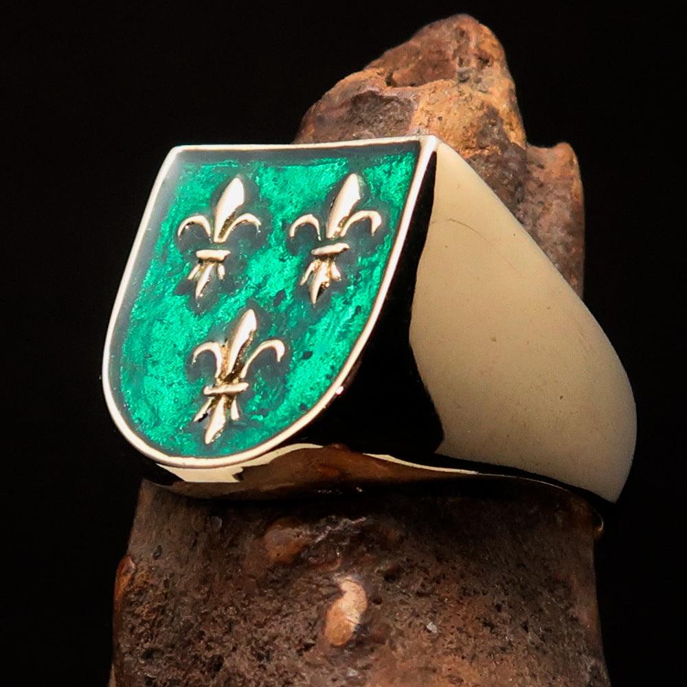 Knights Templar Ring - Green Knight Fleur De Lis Cross - Bricks Masons