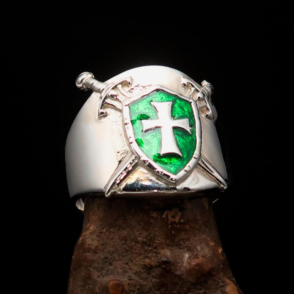 Knights Templar Ring - Green Templar Shield Cross Sterling Silver - Bricks Masons