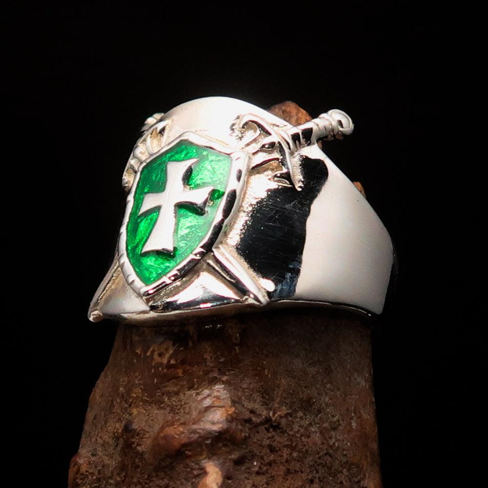 Knights Templar Ring - Green Templar Shield Cross Sterling Silver - Bricks Masons