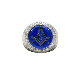Master Mason Blue Lodge Ring - White Gold Plated With Blue - Bricks Masons