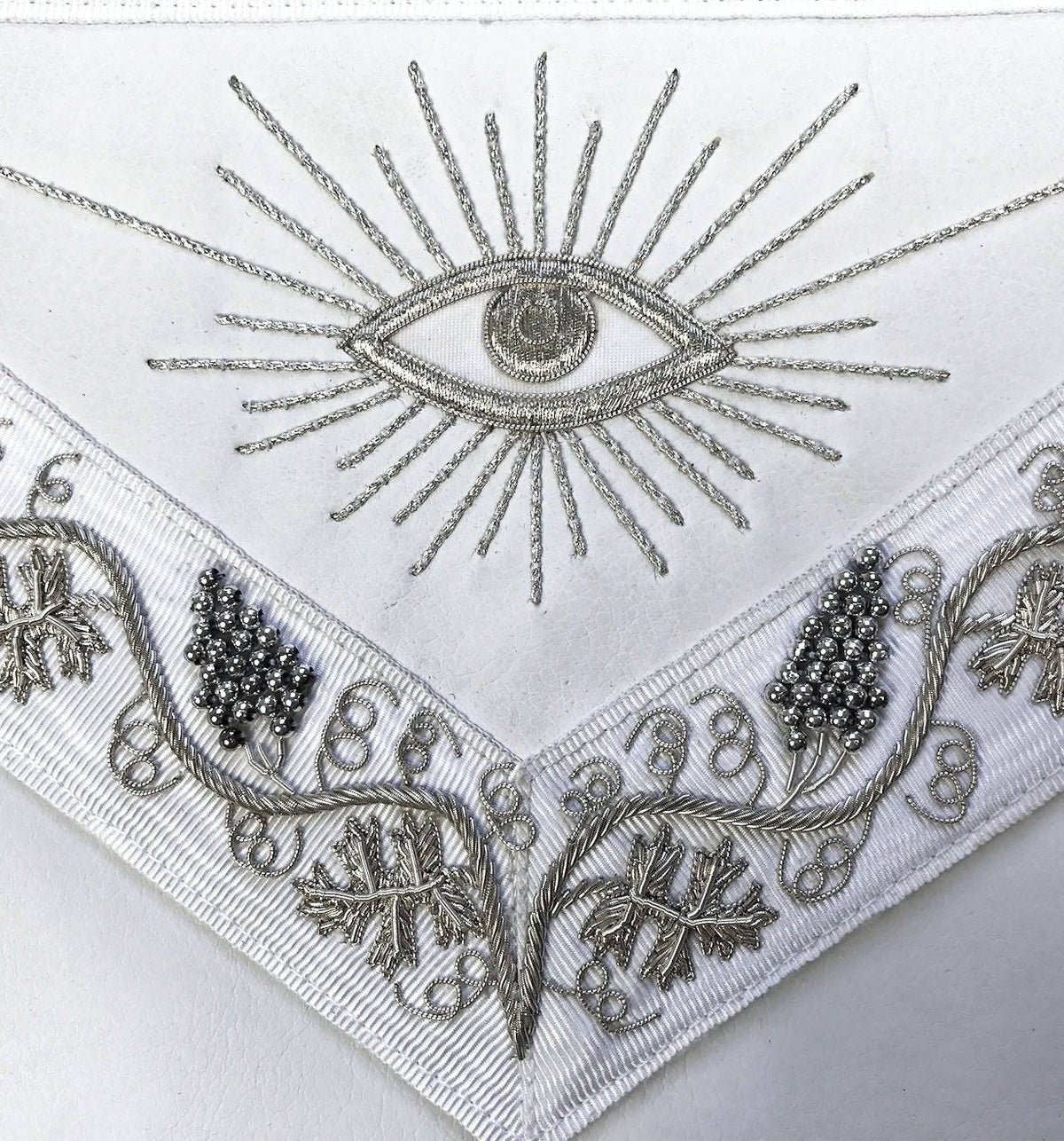 Master Mason Blue Lodge Apron - White Moire Ribbon with Silver Hand Embroidery - Bricks Masons