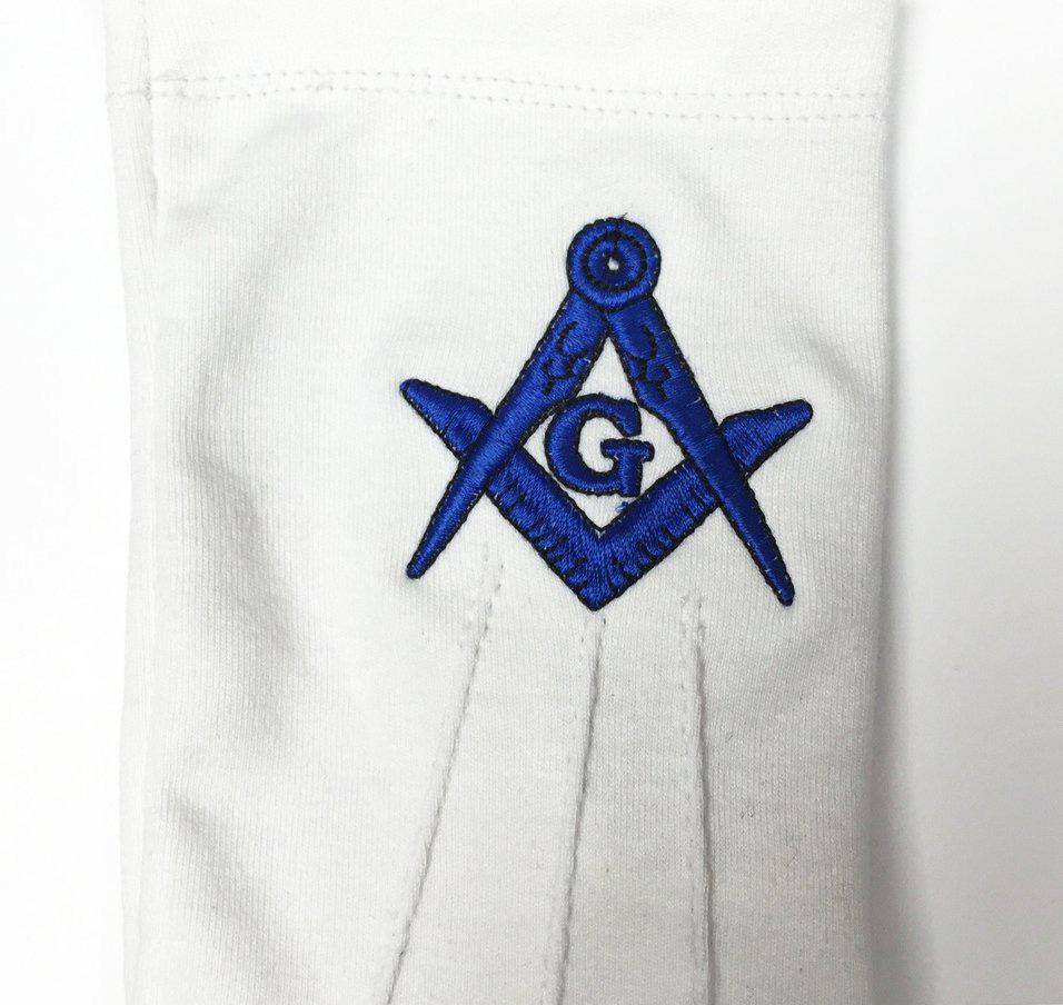 Master Mason Blue Lodge Gloves - White Cotton Machine Embroidery - Bricks Masons