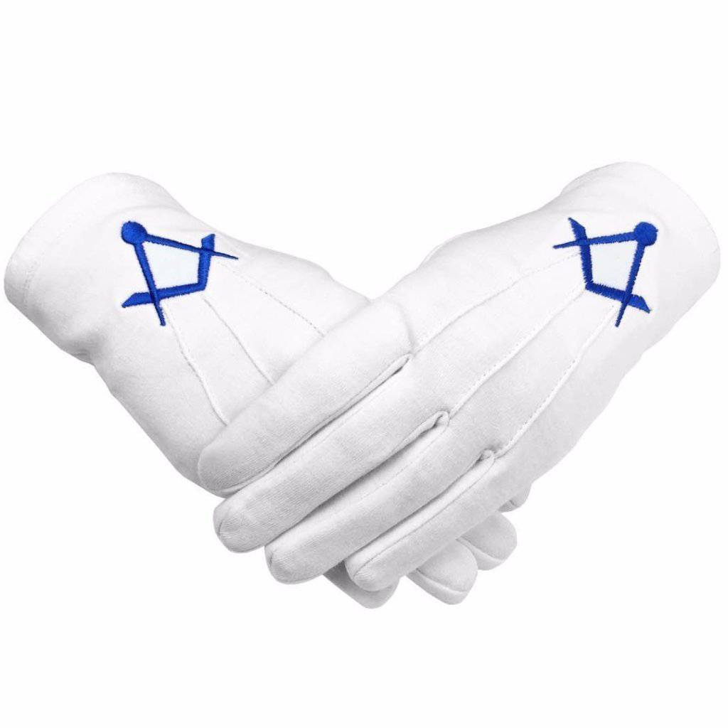 Master Mason Blue Lodge Gloves - White Cotton with Royal Blue Thin Square & Compass - Bricks Masons