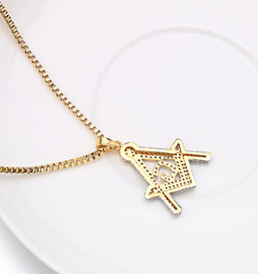 Master Mason Blue Lodge Necklace - Gold Plated Copper Zircon With Rhinestones - Bricks Masons