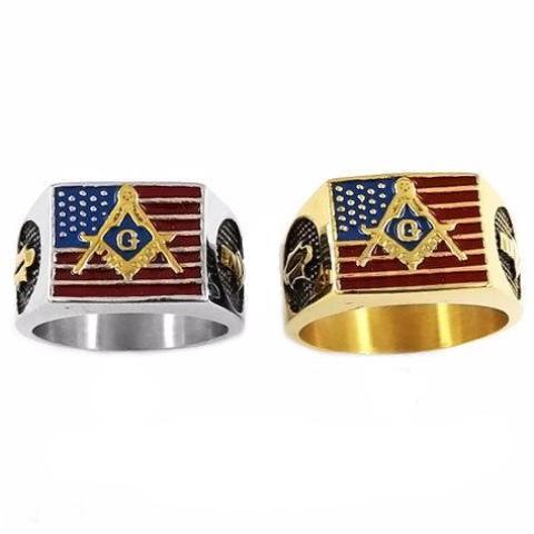 Master Mason Blue Lodge Ring - American Flag - Bricks Masons