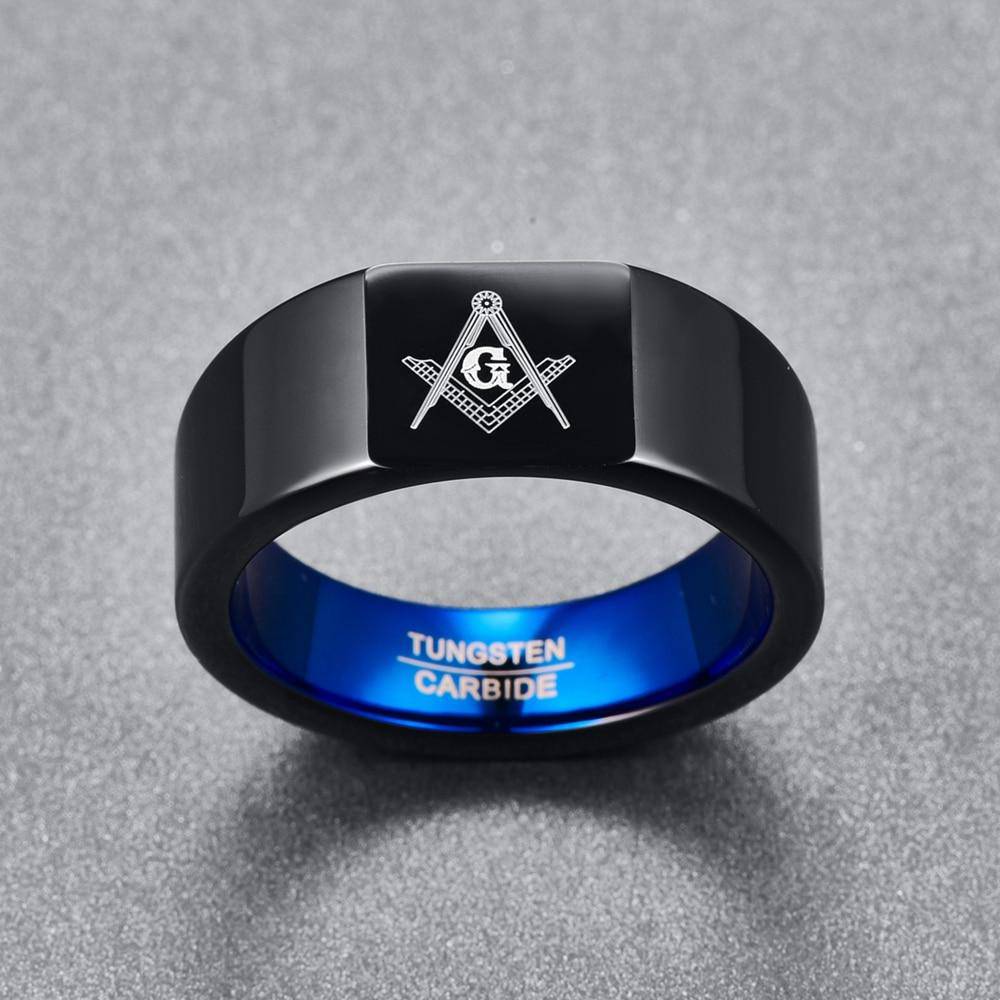 Master Mason Blue Lodge Ring - Black & Blue Tungsten Personalizable - Bricks Masons