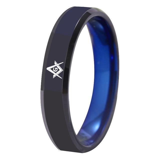 Master Mason Blue Lodge Ring - Black With Blue Tungsten Personalizable - Bricks Masons