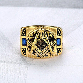 Master Mason Blue Lodge Ring - Compass And Square Golden and Blue Pearls - Bricks Masons