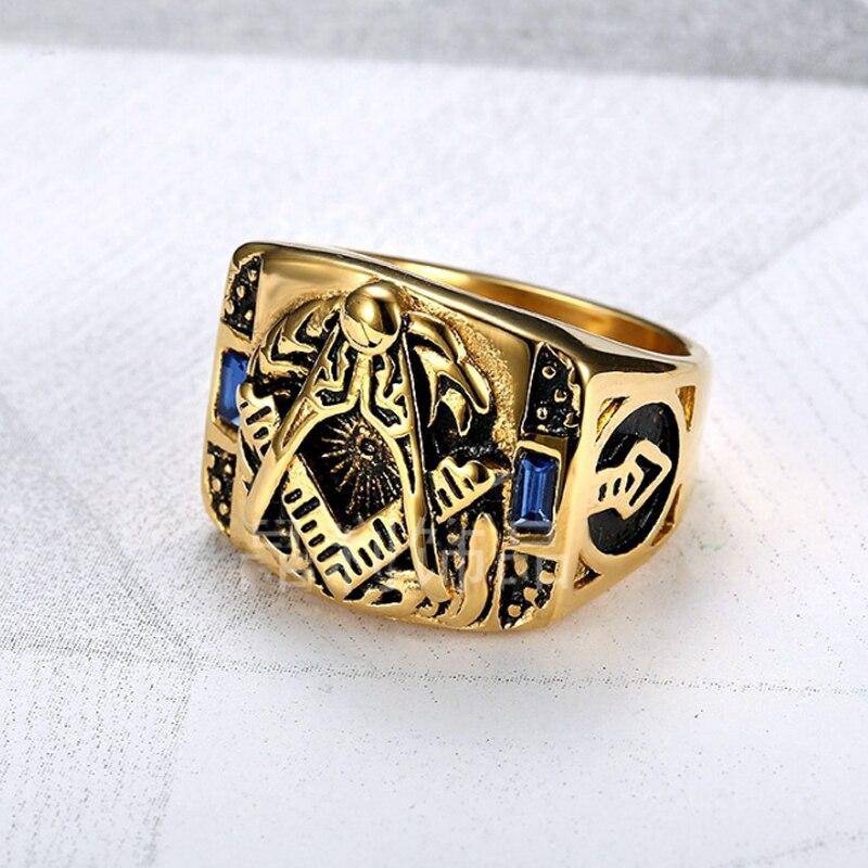 Master Mason Blue Lodge Ring - Compass And Square Golden and Blue Pearls - Bricks Masons