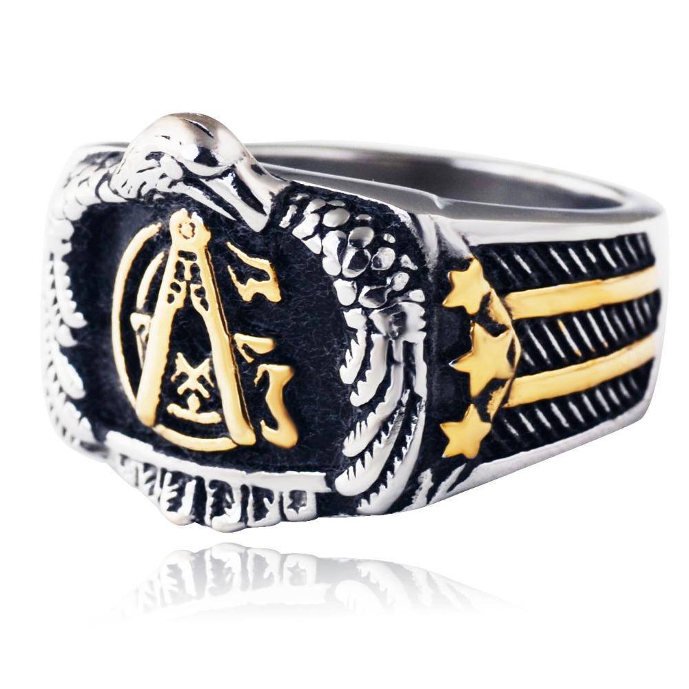 Master Mason Blue Lodge Ring - Eagle US Flag Golden - Bricks Masons