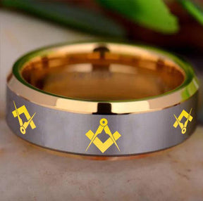 Master Mason Blue Lodge Ring - Gold Beveled Tungsten Personalizable - Bricks Masons