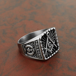 Master Mason Blue Lodge Ring - Silver Mason Square & Compass G - Bricks Masons