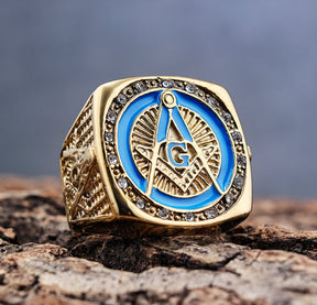 Master Mason Blue Lodge Ring - Square and Compass G Rhinestone - Bricks Masons