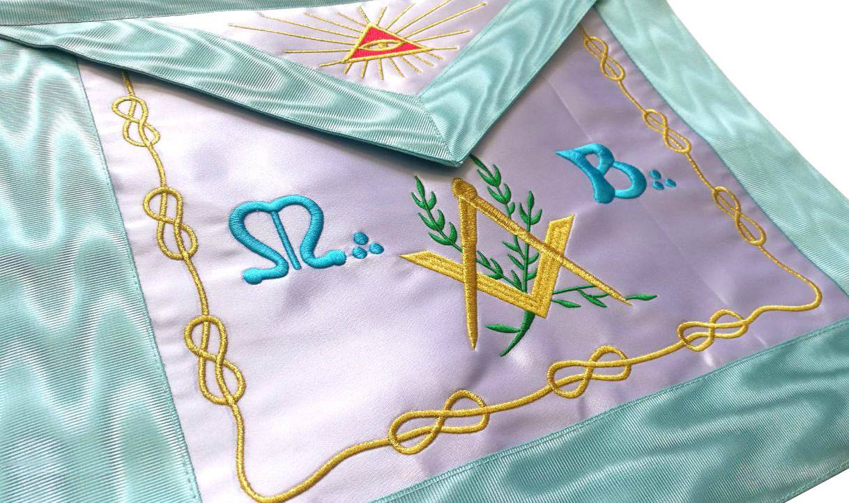 Master Mason French Rite Apron - Sky Blue Silk & Moire Machine Embroidery - Bricks Masons