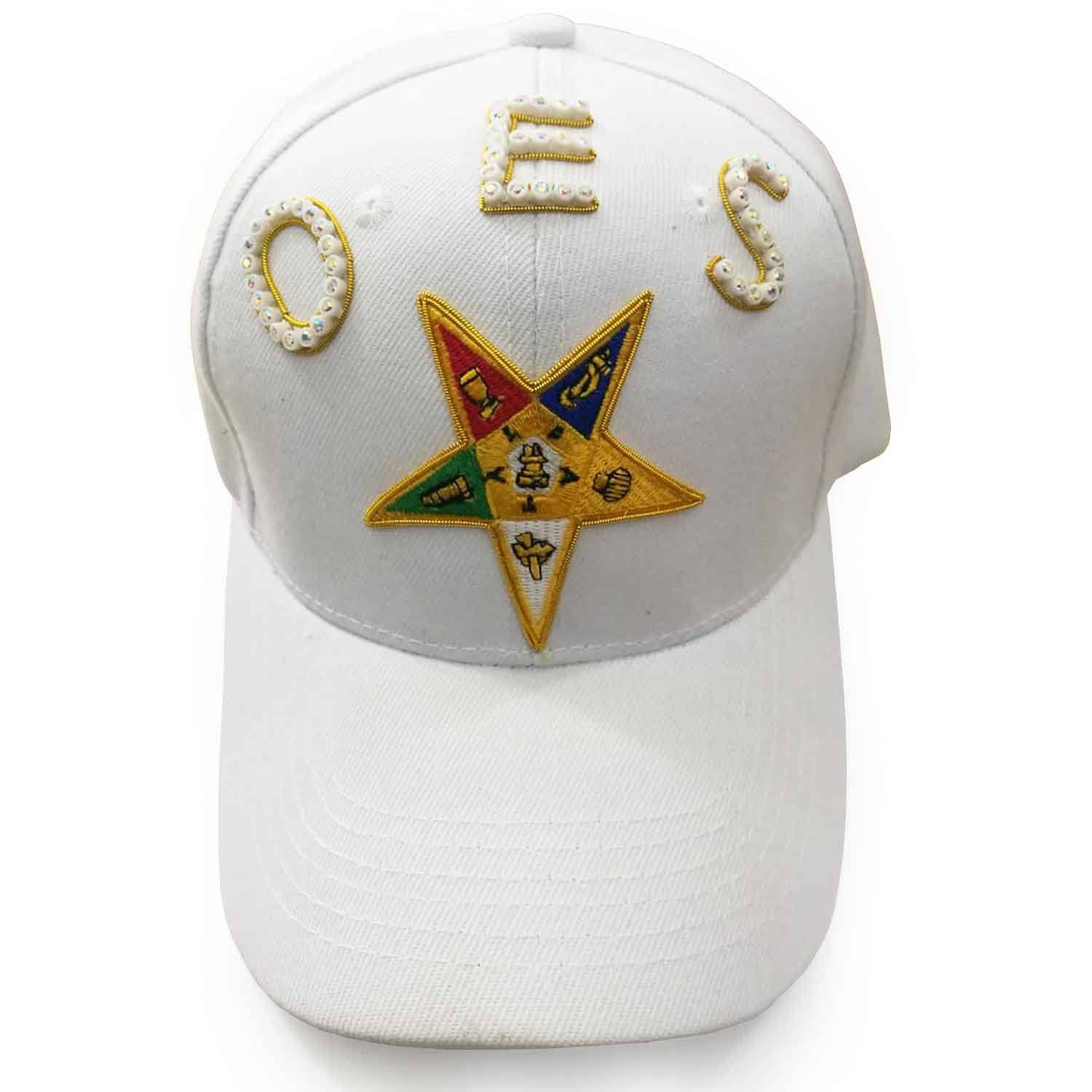OES Baseball Cap - White with Jewels & Bullion Embroidery - Bricks Masons