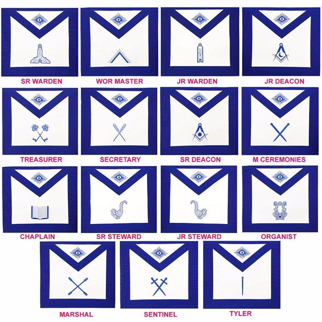 Officers Blue Lodge Officer Apron Set - Royal Blue Ribbon Machine Embroidery (Set of 15) - Bricks Masons