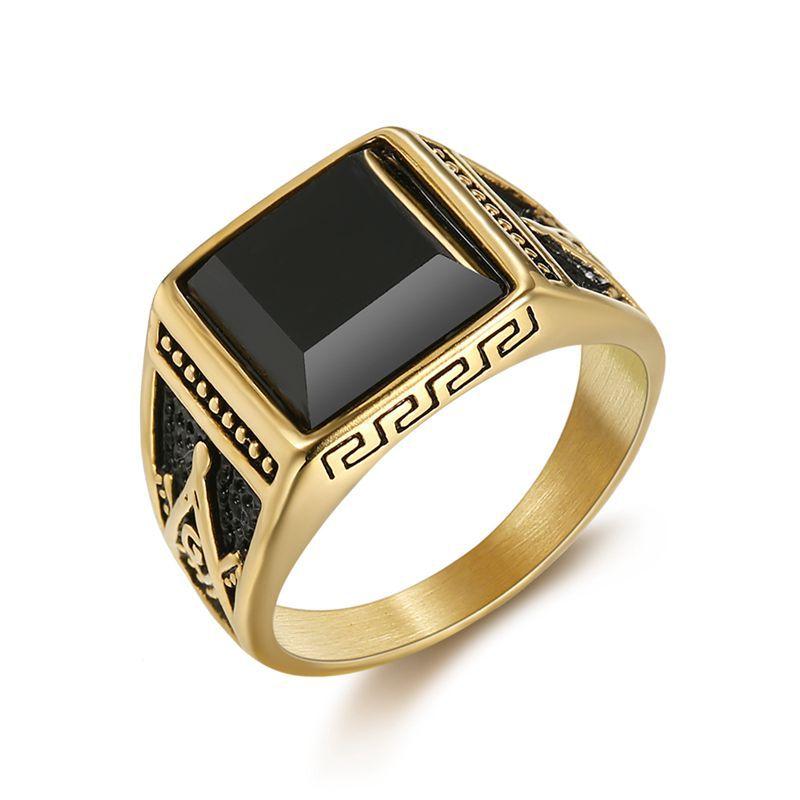 Master Mason Blue Lodge Ring - Black Stone Titanium Gold & Silver Color