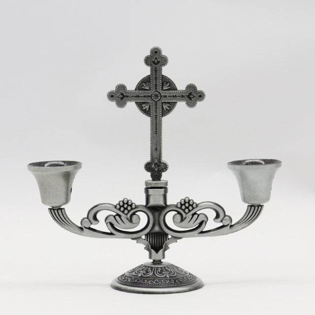 Masonic Candle Holder - 5" triple Retro Metal Bronze/Red/Silver