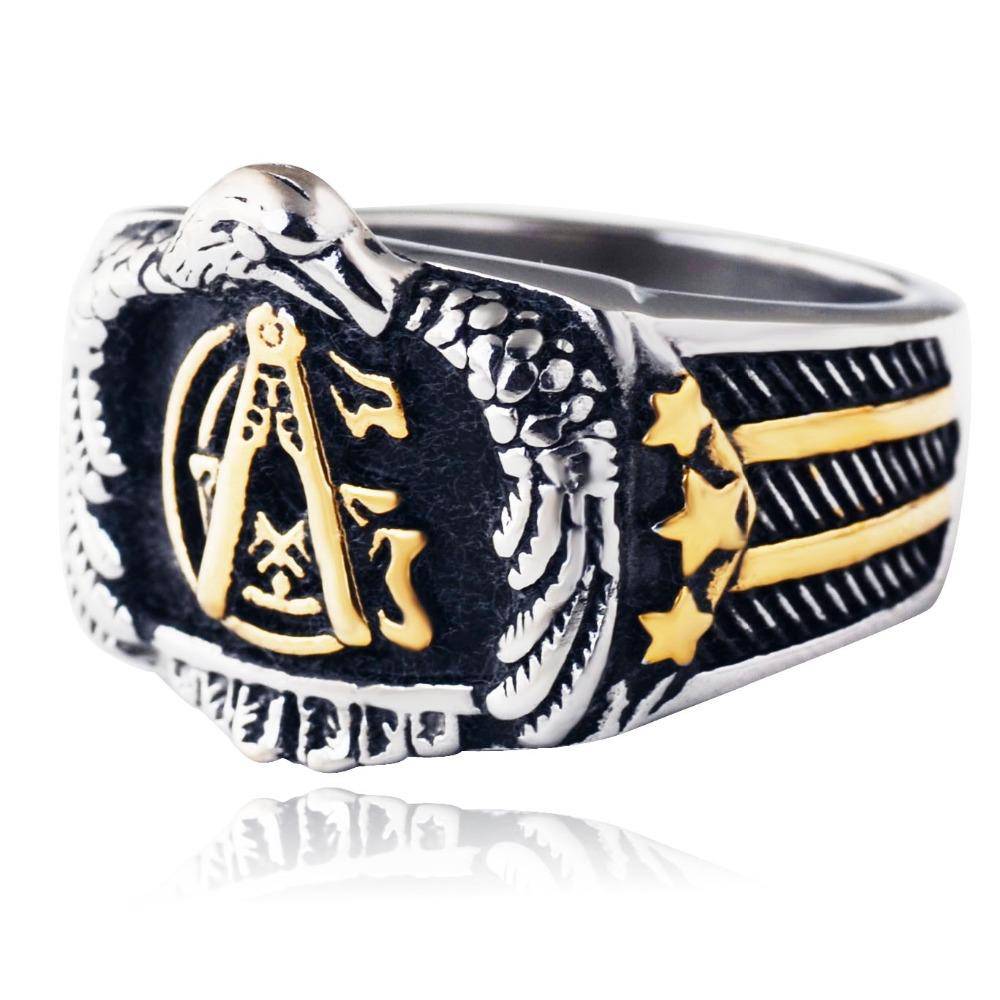 Master Mason Blue Lodge Ring - Eagle US Flag Golden