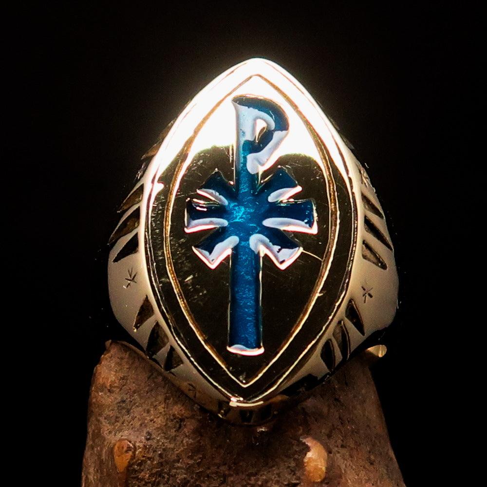 Red Cross Of Constantine Ring - Gold & Blue Chi Rho Christogram Brass - Bricks Masons