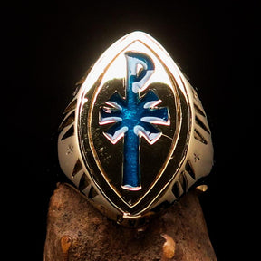 Red Cross Of Constantine Ring - Gold & Blue Chi Rho Christogram Brass - Bricks Masons