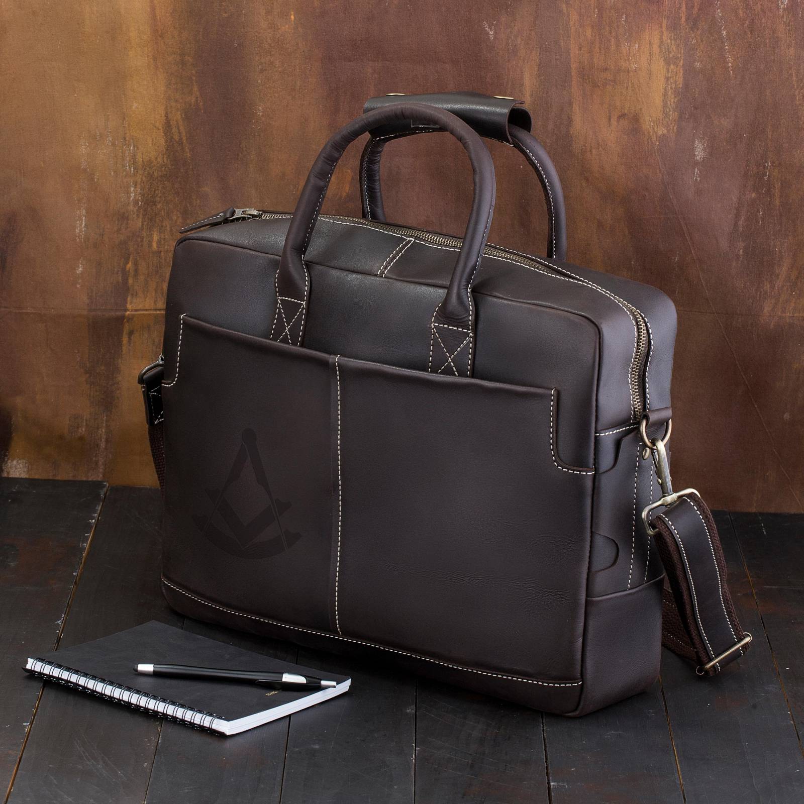 Past Master Blue Lodge Briefcase - Matte Brown Leather - Bricks Masons