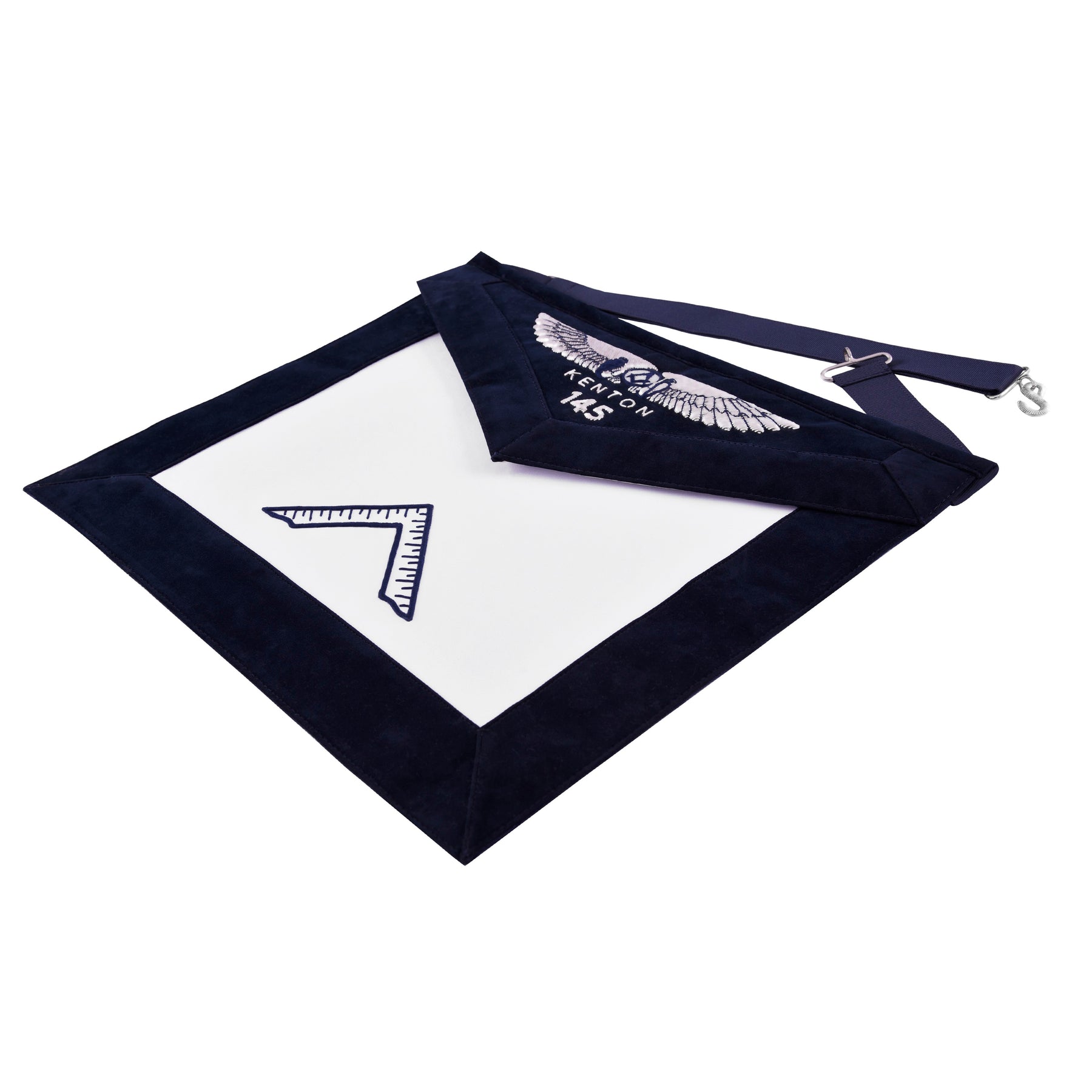 Worshipful Master Blue Lodge Officer Apron - Kenton Lodge Navy Velvet With Silver Embroidery Thread - Bricks Masons