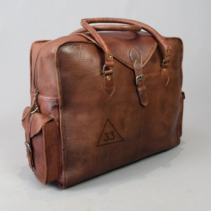 33rd Degree Scottish Rite Travel Bag - Genuine Brown Leather - Bricks Masons