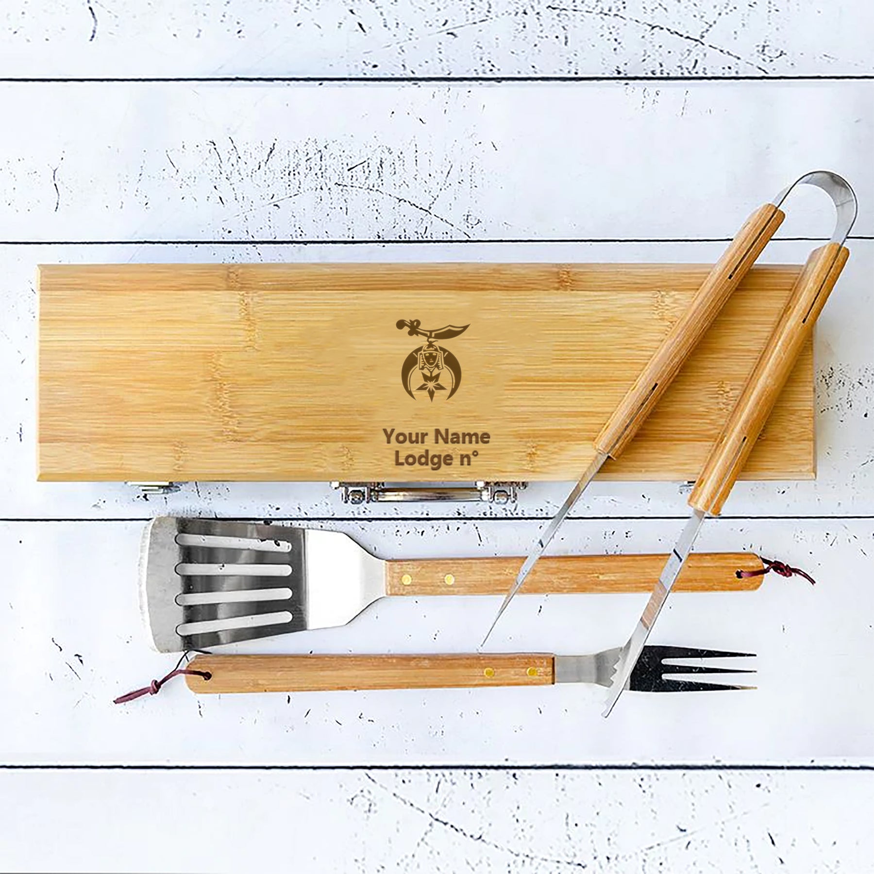 Shriners Grill Tool - BBQ Set & Bamboo Case - Bricks Masons