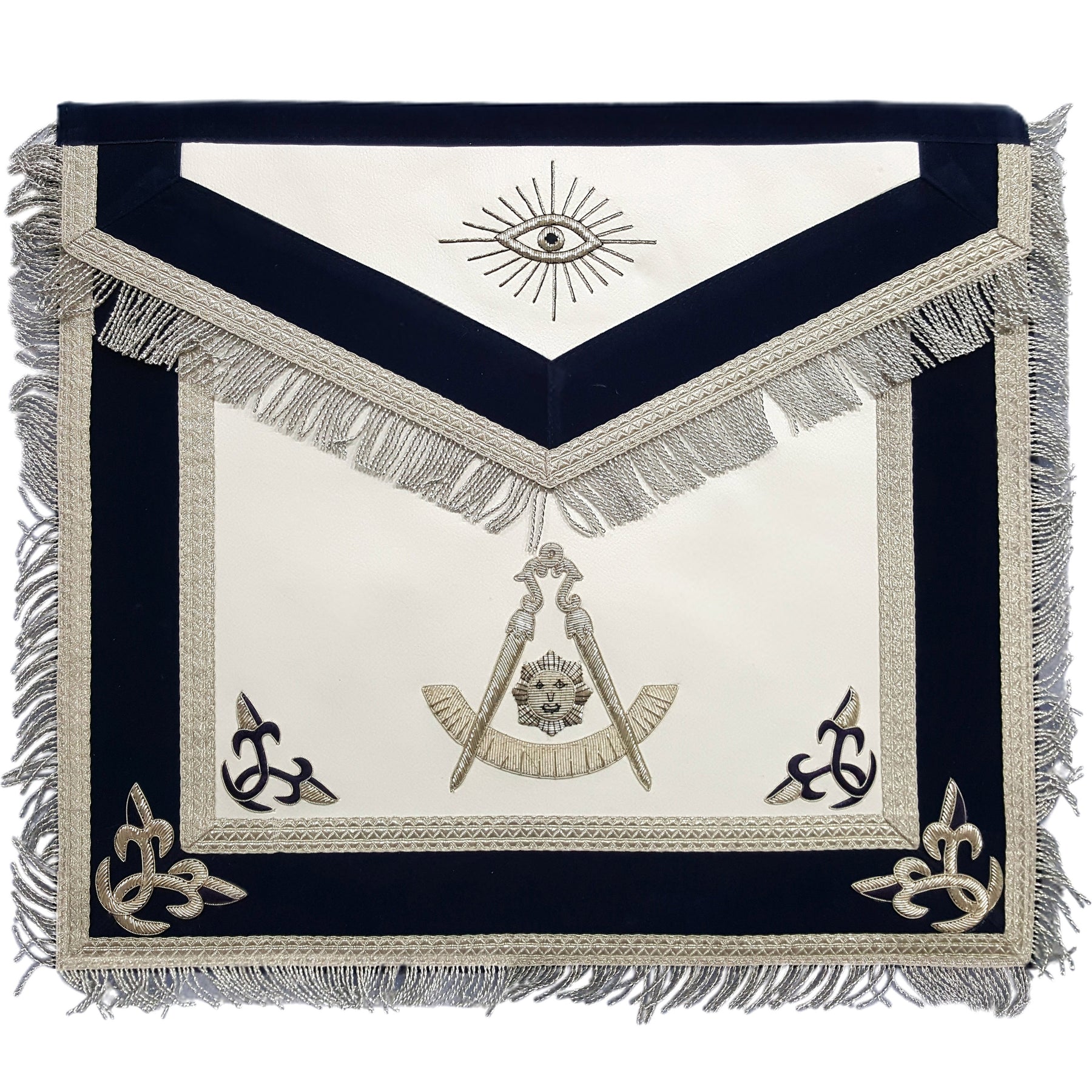 Past Master Blue Lodge Apron - Silver Bullion Hand Embroidery with Fringe - Bricks Masons