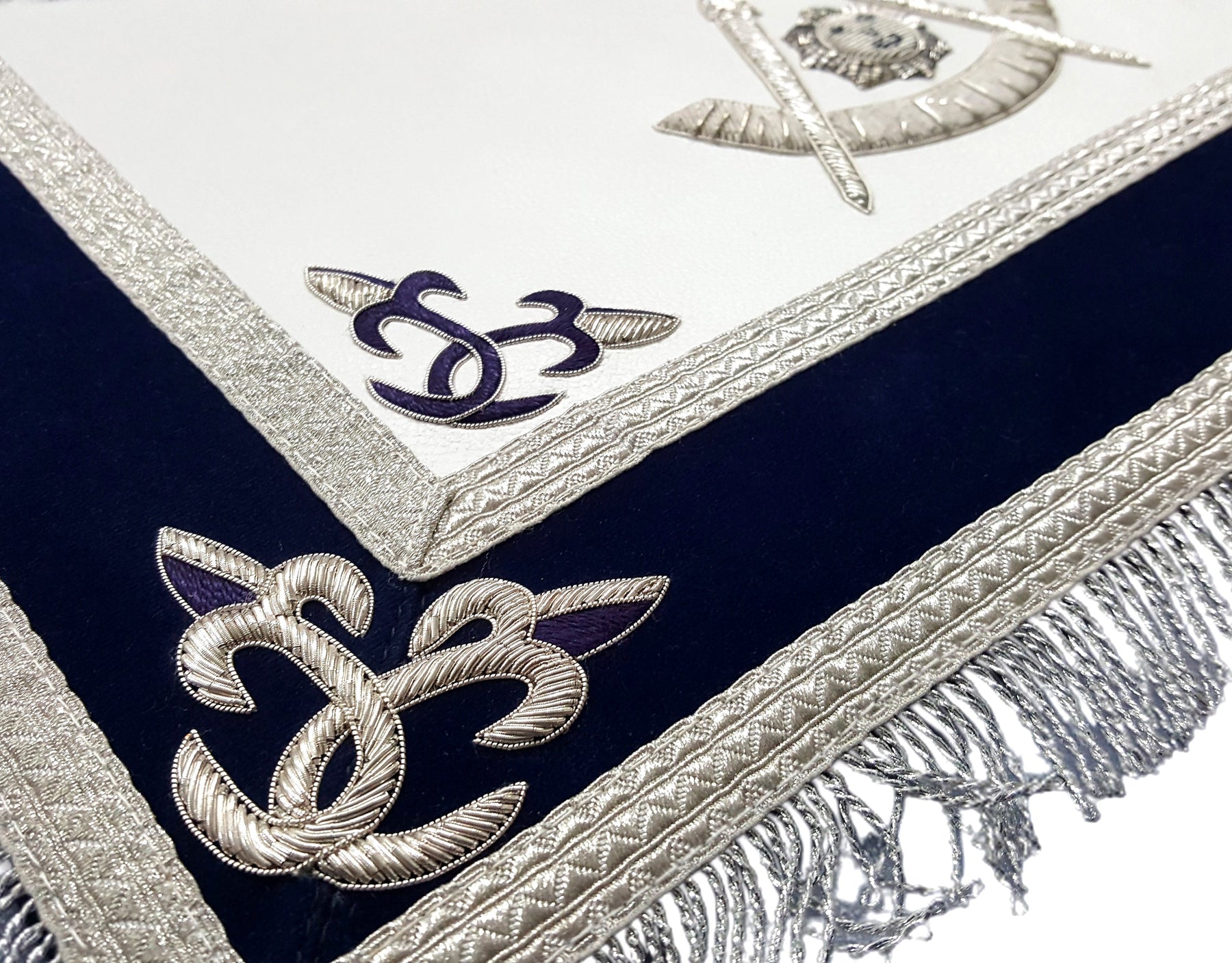 Past Master Blue Lodge Apron - Silver Bullion Hand Embroidery with Fringe - Bricks Masons