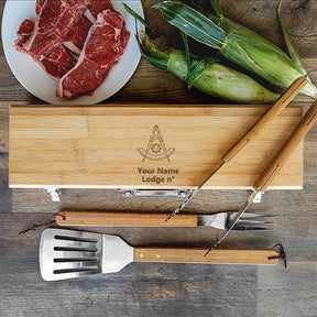 Past Master Blue Lodge California Regulation Grill Tool - BBQ Set & Bamboo Case - Bricks Masons