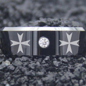 Order of Malta Commandery Ring - Black Silver Bevel With CZ Stone - Bricks Masons