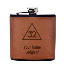 32nd Degree Scottish Rite Flask - Leather & Stainless Steel - Bricks Masons