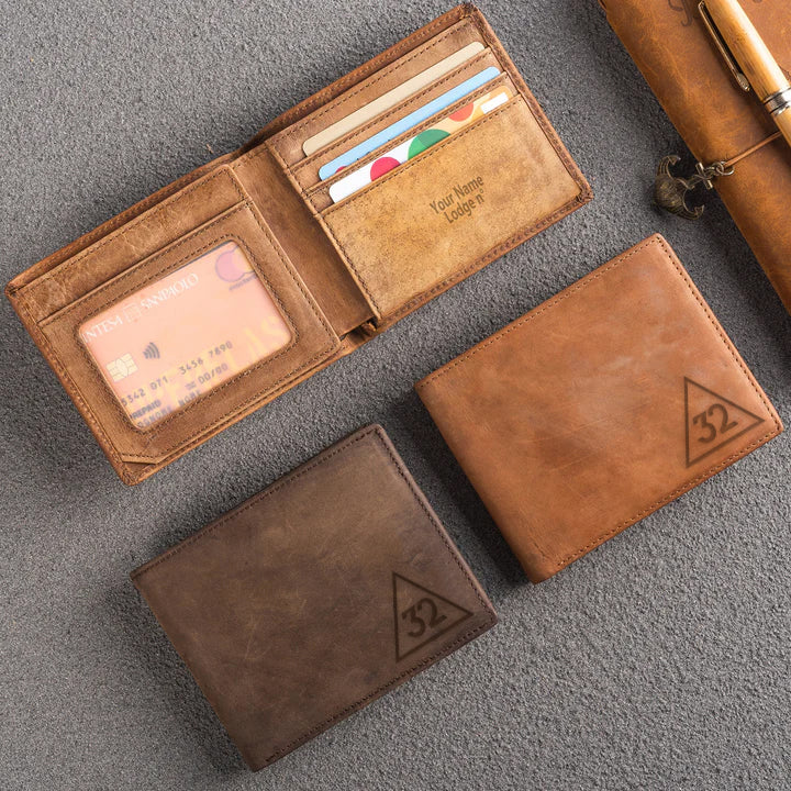 Handmade Leather 32nd Degree Scottish Rite Wallet - Light & Dark Brown - Bricks Masons