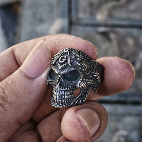 Widows Sons Ring - Gothic Skull Square and Compass G - Bricks Masons