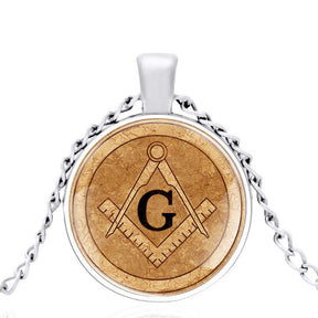 Master Mason Blue Lodge Necklace - Square and Compass G Glass Dome - Bricks Masons