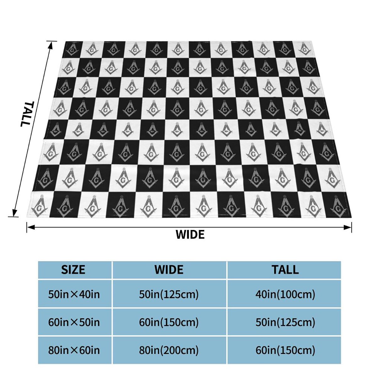 Master Mason Blue Lodge Blanket - Checkered Square and Compass G Coral Fleece - Bricks Masons