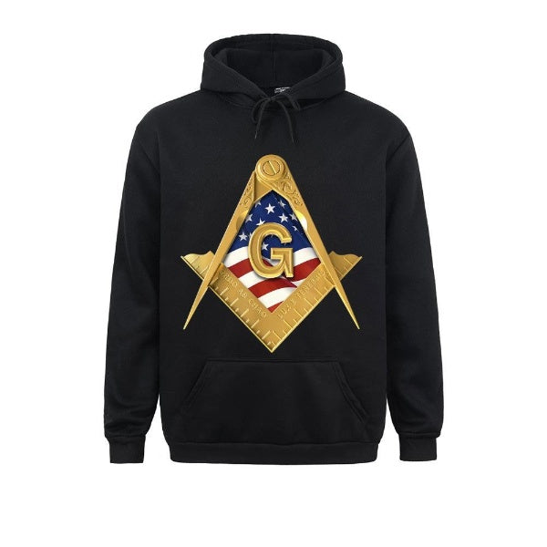 Master Mason Blue Lodge Hoodie - American USA Flag Square & Compass - Bricks Masons