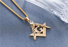 MASTER MASON BLUE LODGE NECKLACE - SILVER & GOLD ALL CRYSTAL SQUARE & COMPASS G - Bricks Masons