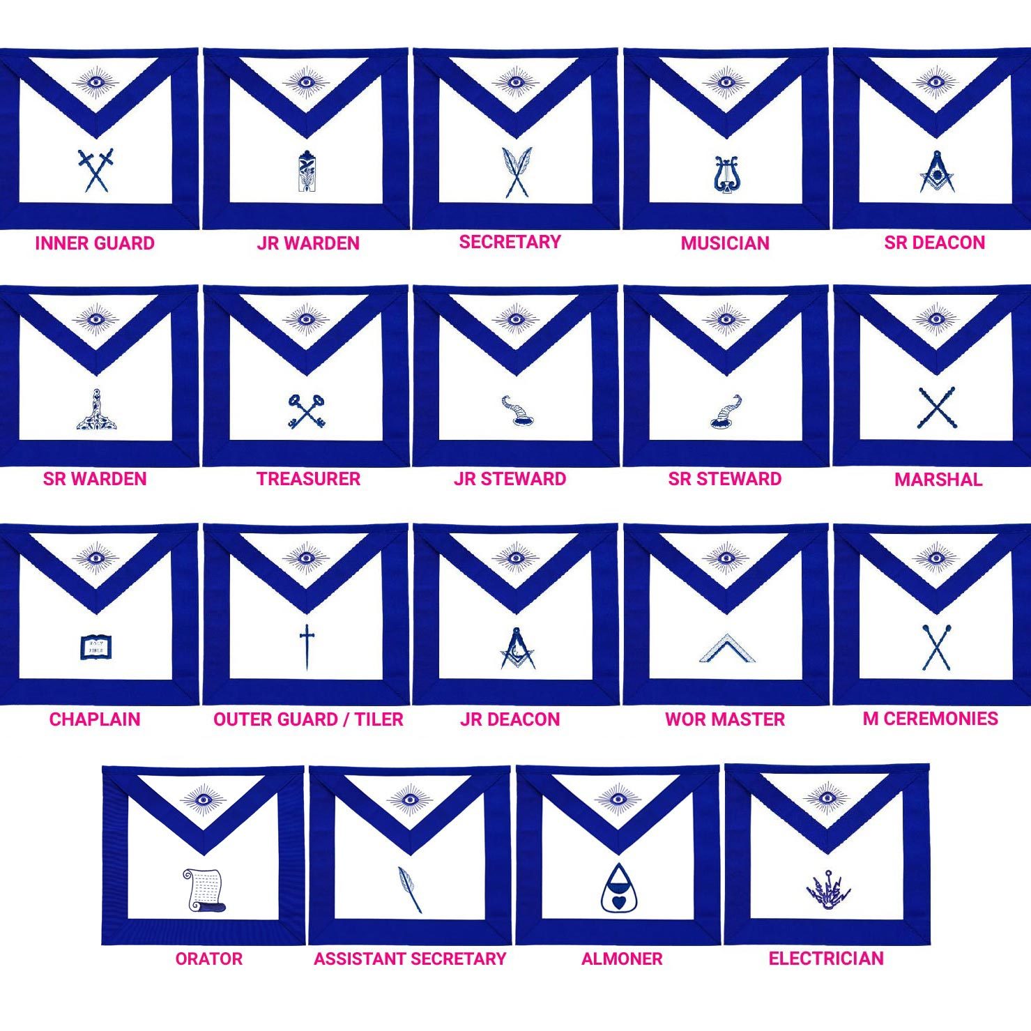 Officers Blue Lodge Officer Apron Set - Blue Ribbon Machine Embroidery (Set of 19) - Bricks Masons