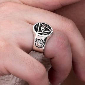 All Seeing Eye Pyramid 925 Sterling Silver Ring - Bricks Masons