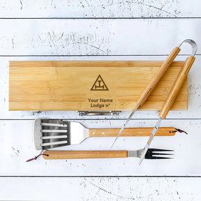 Royal Arch Chapter Grill Tool - BBQ Set & Bamboo Case - Bricks Masons